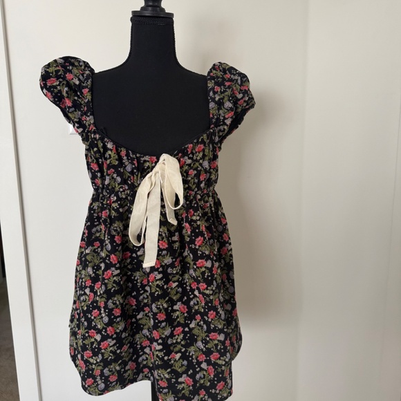 Free People Floral Boho Mini Dress Tie Front Puff Sleeve - Picture 2 of 5